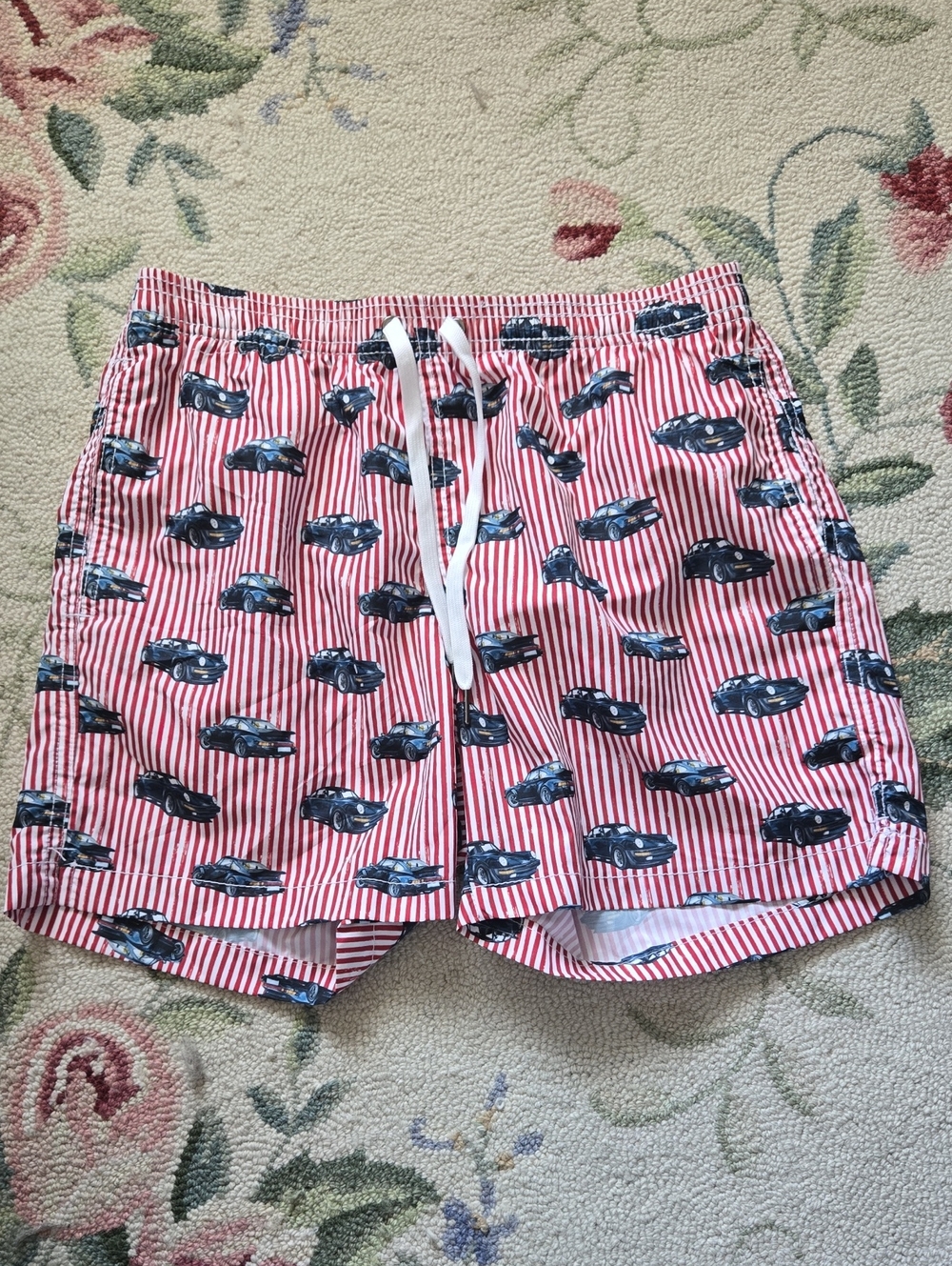 Red Striped Swim Trunks with Navy Car Porsche Print M